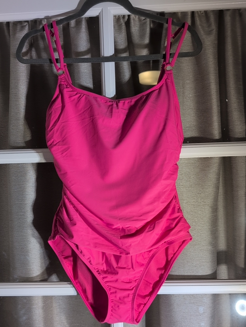 Ellen Tracy Bright Pink One-Piece Swimsuit With Gold Tone Hardware.